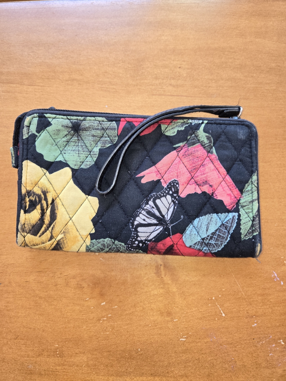 Quilted Floral Wristlet Clutch in Black with Multicolor Print